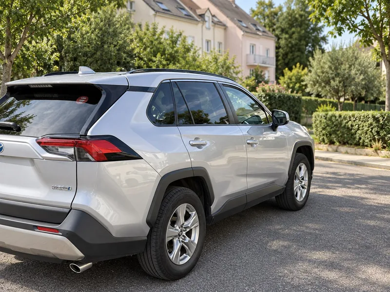 Toyota RAV4 Hybride argent de Marc vu de trois quarts arrière